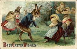 Best Easter Wishes with Chicks and Bunnies wearing Clothes Postcard