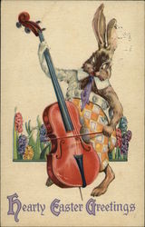 Hearty Easter Greetings with Bunny Playing Cello With Bunnies Postcard Postcard