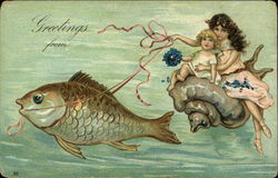 Two Children Being Towed by Fish, Riding Shell Fantasy Postcard Postcard