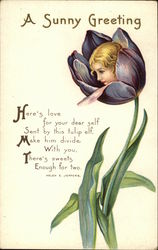 A Sunny Greeting - Girl's Face in Purple Tulip Fantasy Postcard Postcard