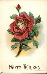 Happy Returns with Girl's Face in Red Rose Postcard