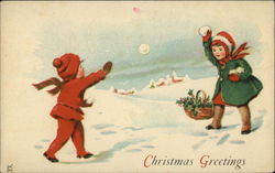 Two Children Throwing Snowballs Postcard