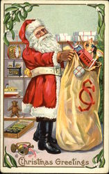 Christmas Greetings - Santa Holding Large Bag of Toys Postcard