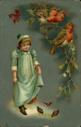 Girl in Green Dress Watching Birds Postcard