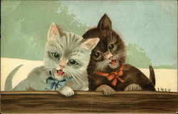 Gray Kitten with Blue Bow and Brown Kitten with Red Bow Cats Postcard Postcard