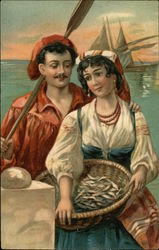 Young Mediterranean Couple, Woman Holding Basket of Fish Couples Postcard Postcard