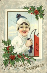 Young Child in White Sweater and Blue and White Hat Holding Sled Postcard