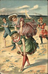 Playing Leap Frog On The Beach In Old-fashioned Swimwear Swimsuits & Pinup Postcard Postcard