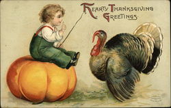 Boy Talking To Turkey While Sitting on Pumpkin Postcard