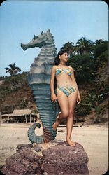 Pretty bather and the statue of the "Sea Horse" Puero Vallarta, Mexico Postcard Postcard