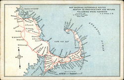 Map Showing Automobile Routes Boston to Provincetown and Return Following State Highways Postcard