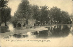 Drinking Fountain and Lake, Water Works Park Postcard