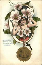 Connecticut State Girl Seal and Flower Postcard