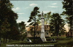 High School and Soldiers Monument Postcard