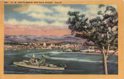 U. S. Battleship Off San Diego Postcard