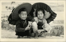 Two Asian Children in Large Hats Postcard