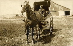 Horse And Buggy With Driver, Barn In background Postcard