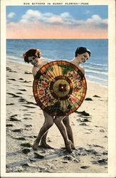 Two Women Behind Umbrella on Beach Florida Postcard Postcard