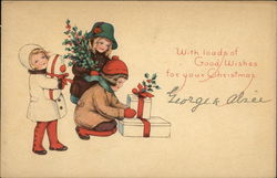 Three Children Arrange Gifts and Holly Postcard Postcard