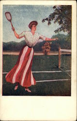 Woman in Long Striped Skirt Playing Tennis Postcard Postcard