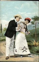 Man with Woman Holding Tennis Racket Postcard Postcard