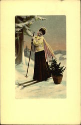 Girl in Long Black Skirt and Yellow Jacket on Skis Skiing Postcard Postcard