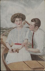 Woman in White Shirt and Man Taking Boat Ride Postcard