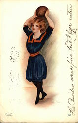 Woman in Black Dress with Red Trim Throwing Basketball Postcard