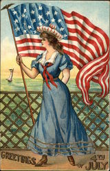 Greetings 4th of July - Patriotic Woman holding Flag Postcard