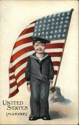 United States Marine - Boy in Uniform in front of American Flag Marines Postcard Postcard