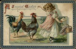 A Joyous Easter - Girl with Two Roosters Postcard