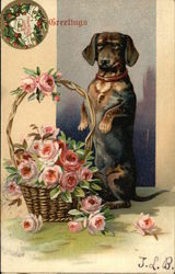 Dachshund and Basket of Flowers Postcard