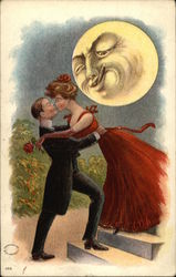 Couple Kissing and Moon Smoking a Cigar Postcard