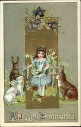 Little Girl Feeding the Bunnies With Bunnies Postcard Postcard