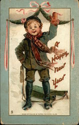 A Happy New Year - Boy with Sled Children Postcard Postcard