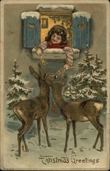 Christmas Greetings - Child Feeding Deer Postcard