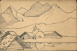 Drawing of Town at Base of Mountains Postcard