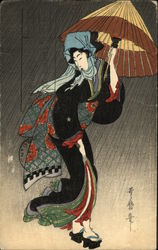 Painting of Japanese Woman with Umbrella Asian Postcard Postcard