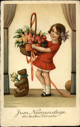 Birthday Wishes - Girl with Basket of Roses Postcard Postcard