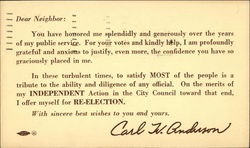 Carl W. Anderson City Council Reelection Announcement 1949 Quincy, MA Postcard Postcard