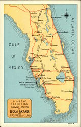 Map of Florida Showing Location of Boca Grande and Gasparilla Island Postcard