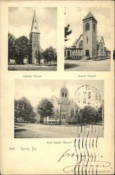 Catholic, Baptist and First Baptist Churches Corry, PA Postcard Postcard