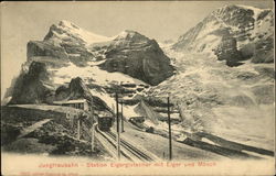 Jungfraubahn- Station Eigergletscher mit Eiger und Mönch Trolleys & Streetcars Postcard Postcard