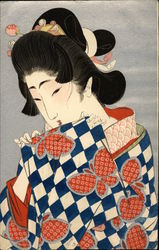 Drawing of Japanese Geisha, Signed Postcard