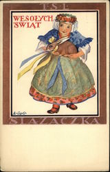 Happy Easter. Silesian Girl and the Easter Bunny With Bunnies Postcard Postcard