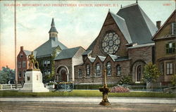 Soldiers Monument and Presbyterian Church Postcard