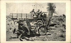 Armored Truck and Motorcyle in Action Postcard