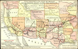 Map from Chicago to the Gulf of Mexico and the Pacific Coast Along the Santa Fe Maps Postcard Postcard