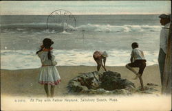 At play with Father Neptune Salisbury Beach, MA Postcard Postcard