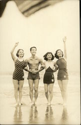 Four Japanese Bathers at Beach Asian Postcard Postcard